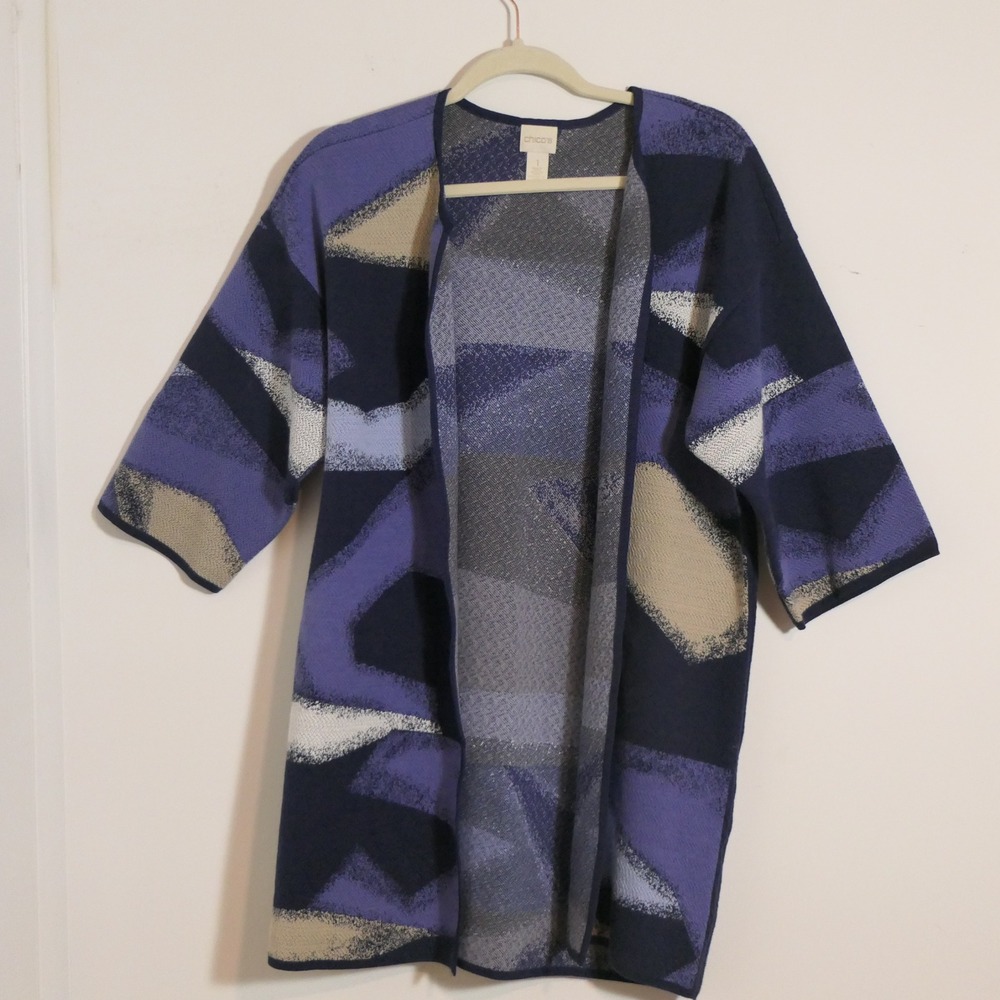 Chico's Women Cardigan 1 Blue Purple Open Front Abstract Lagenlook Layering Bold